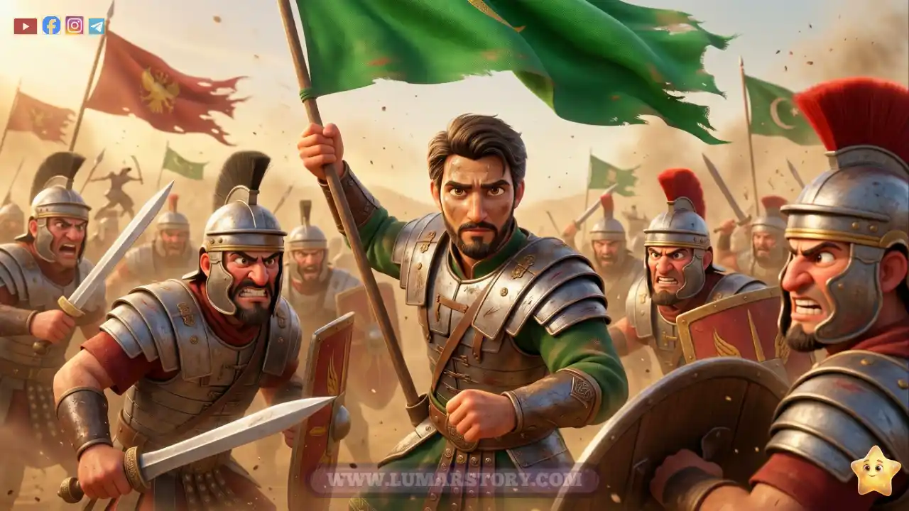 القائد زيد بن حارثة يحمل راية المسلمين الخضراء بقوة وسط غبار معركة مؤتة ضد جيش الروم.