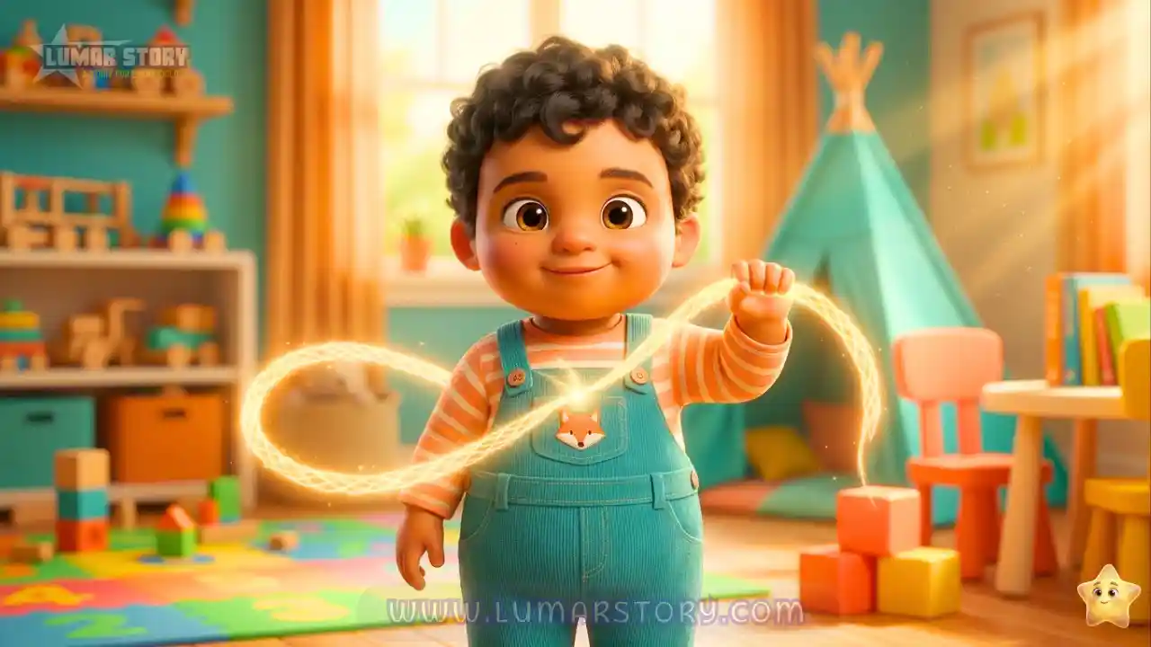 سامي يقف بثقة وابتسامة عريضة وهو يمسك بالخيط الذهبي السحري الذي يربطه بمن يحب دائما.