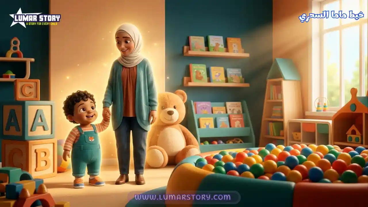 صورة غلاف لقصة خيط ماما السحري تظهر الطفل سامي وأمه يربط بينهما خيط ذهبي سحري متوهج في غرفة ألعاب مشرقة.