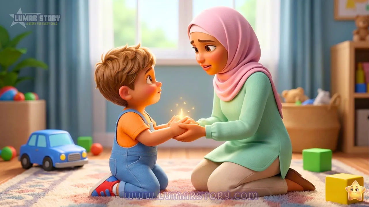 الأم تجلس على ركبتيها وتمسك بيدي زيد المحاطتين بالدخان وتتحدث معه بحنان