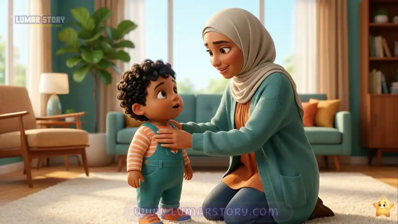 الأم الحنون تنحني وتضع يديها الدافئتين على كتفي سامي لتطمئنه وتبتسم له بلطف.