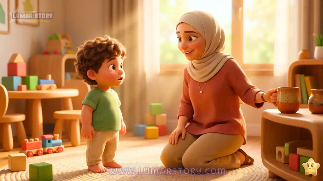 الأم تضع كوبها جانبا وتركع بابتسامة حنونة في مستوى نظر طفلها لتخبره عن سر زر الانتظار السحري