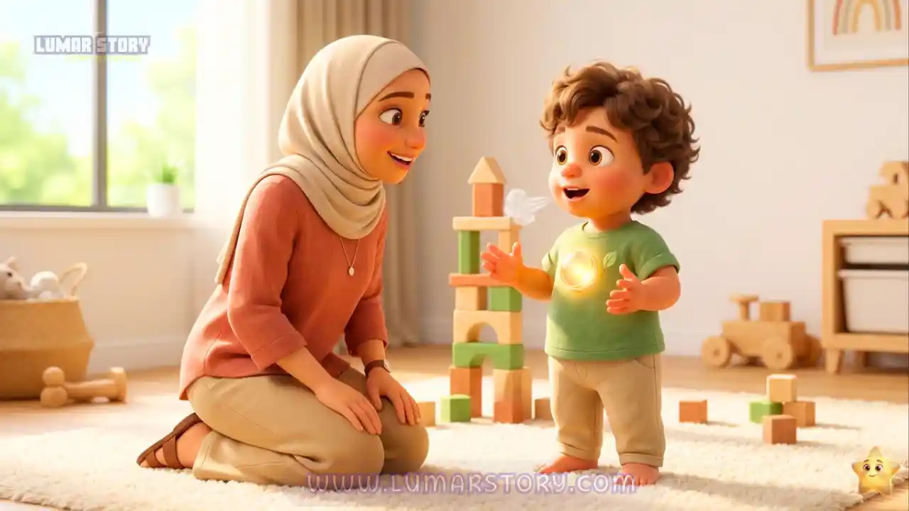 زر الانتظار السحري ممتلئ بالنور الذهبي والأم تلتفت بكامل انتباهها وتبتسم لطفلها الذي يتحدث بحماس عن برجه
