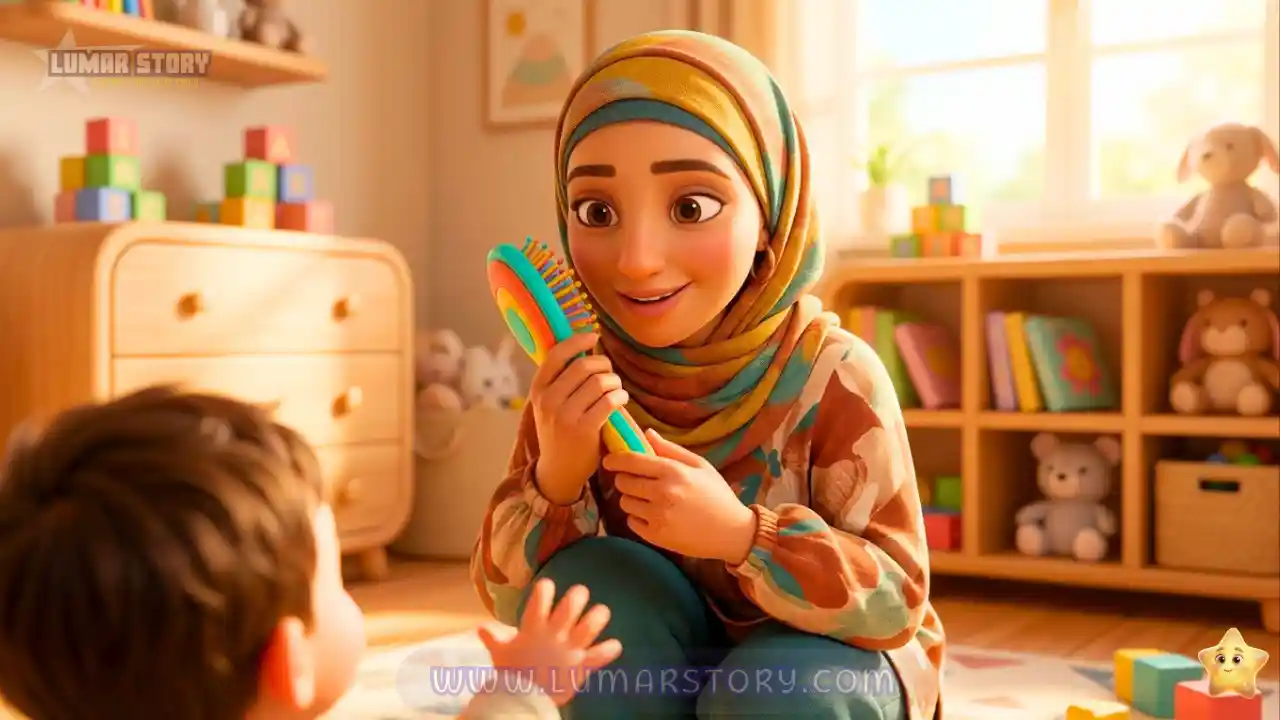 أم مبتسمة تنحني لمستوى طفلها وتتحدث عبر فرشاة شعر ملونة وكأنها جهاز اتصال لاسلكي من محطة الفضاء