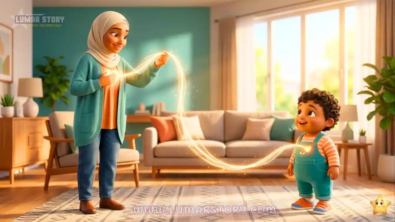 الأم تتظاهر بسحب خيط ذهبي سحري متوهج من قلبها لتربطه بقلب طفلها سامي لتبقيهما متصلين.