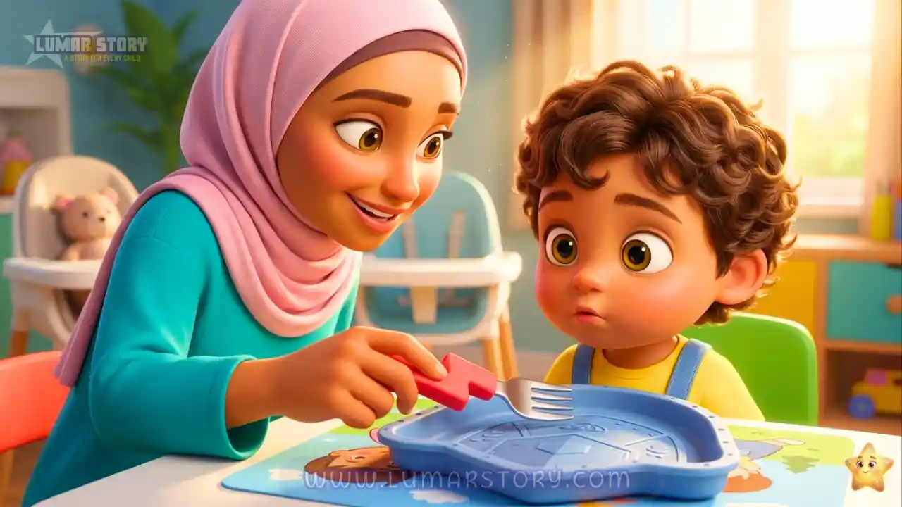 الأم تبتسم وتلمس طبق الطعام بشوكة الطاقة الحمراء بينما ينظر سامي بدهشة
