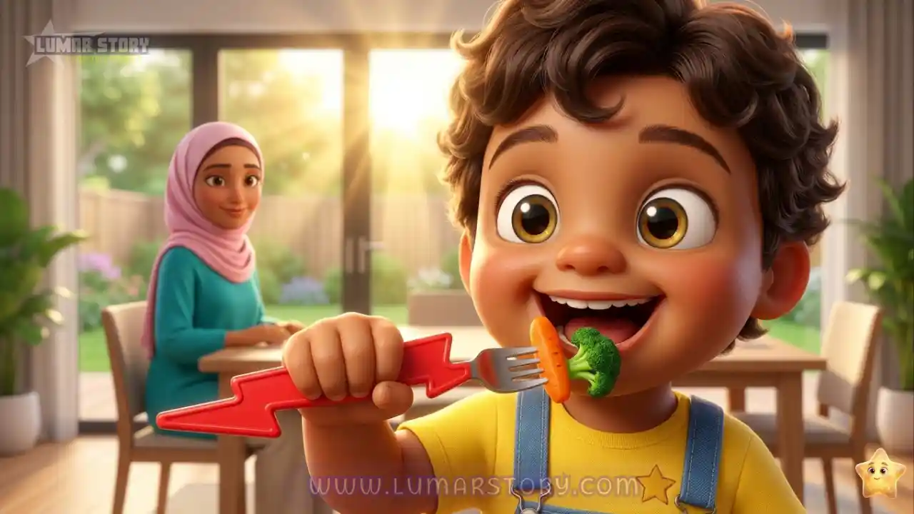 سامي يمسك شوكة الطاقة بحماس ويأكل الخضروات بسعادة وطاقة مثل الأبطال الخارقين