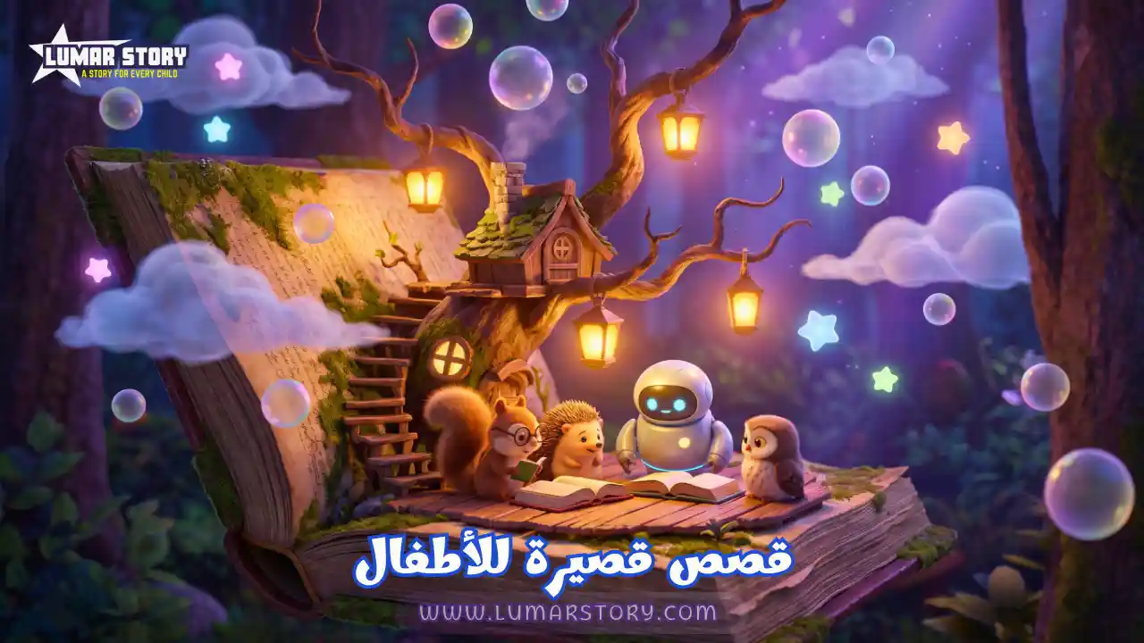مكتبة سحرية داخل شجرة خيالية مع عناصر كرتونية جذابة.