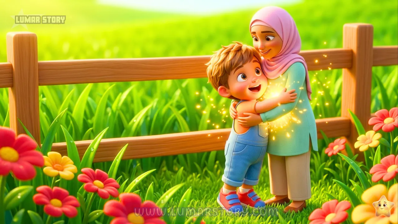 زيد يعانق والدته في الحديقة ليعود النور الذهبي الساطع ليديه مرة أخرى
