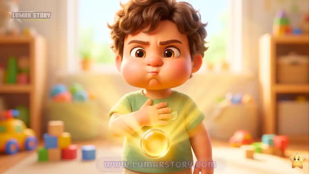 صورة مقربة للطفل ينفخ خديه بلطف ويضع يده على صدره حيث يضيء زر زجاجي سحري بنور ذهبي دافئ