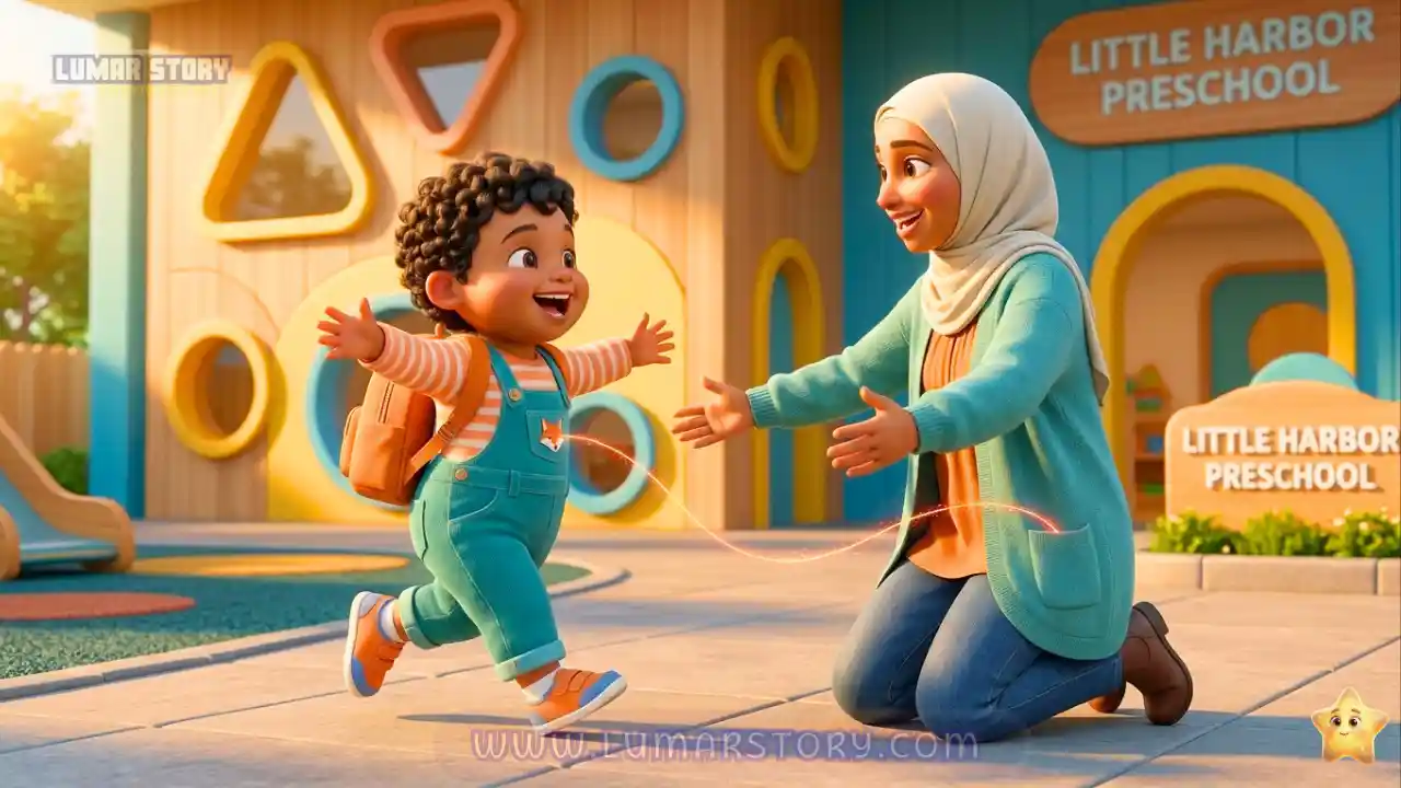 سامي يركض بسعادة ليعانق أمه بعد انتهاء يومه في الحضانة فخورا بنجاح الخيط السحري.