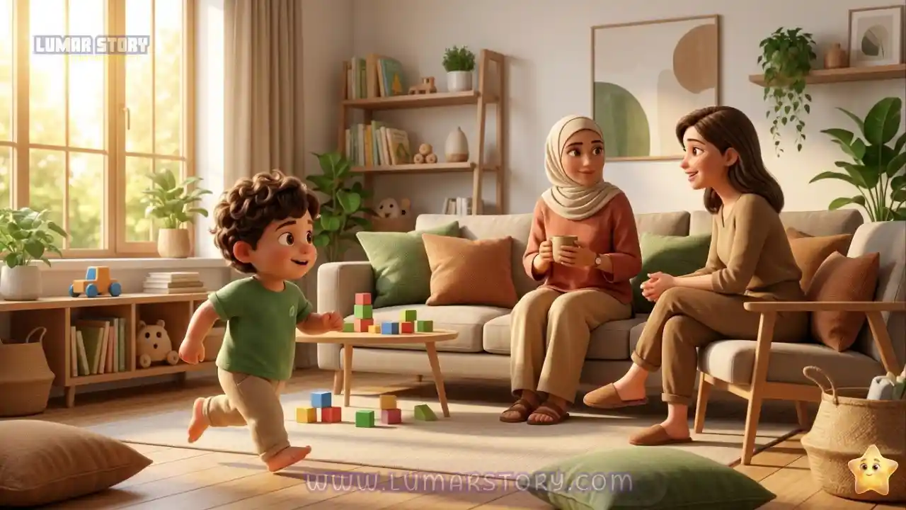 طفل يركض متحمسا نحو والدته التي تجلس براحة وتشرب من كوب خزفي بينما تتحدث مع ضيفتها في غرفة الجلوس