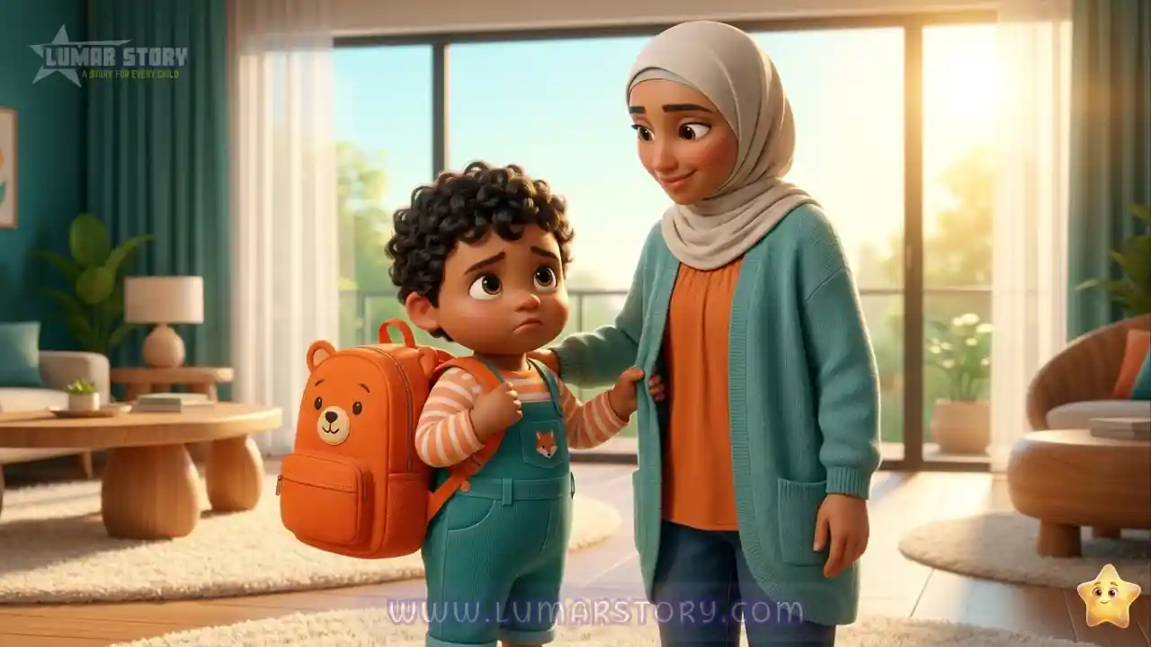 الطفل سامي يرتدي حقيبته البرتقالية الزاهية ويمسك برداء أمه بقلق في غرفة المعيشة المشمسة قبل الذهاب للحضانة.