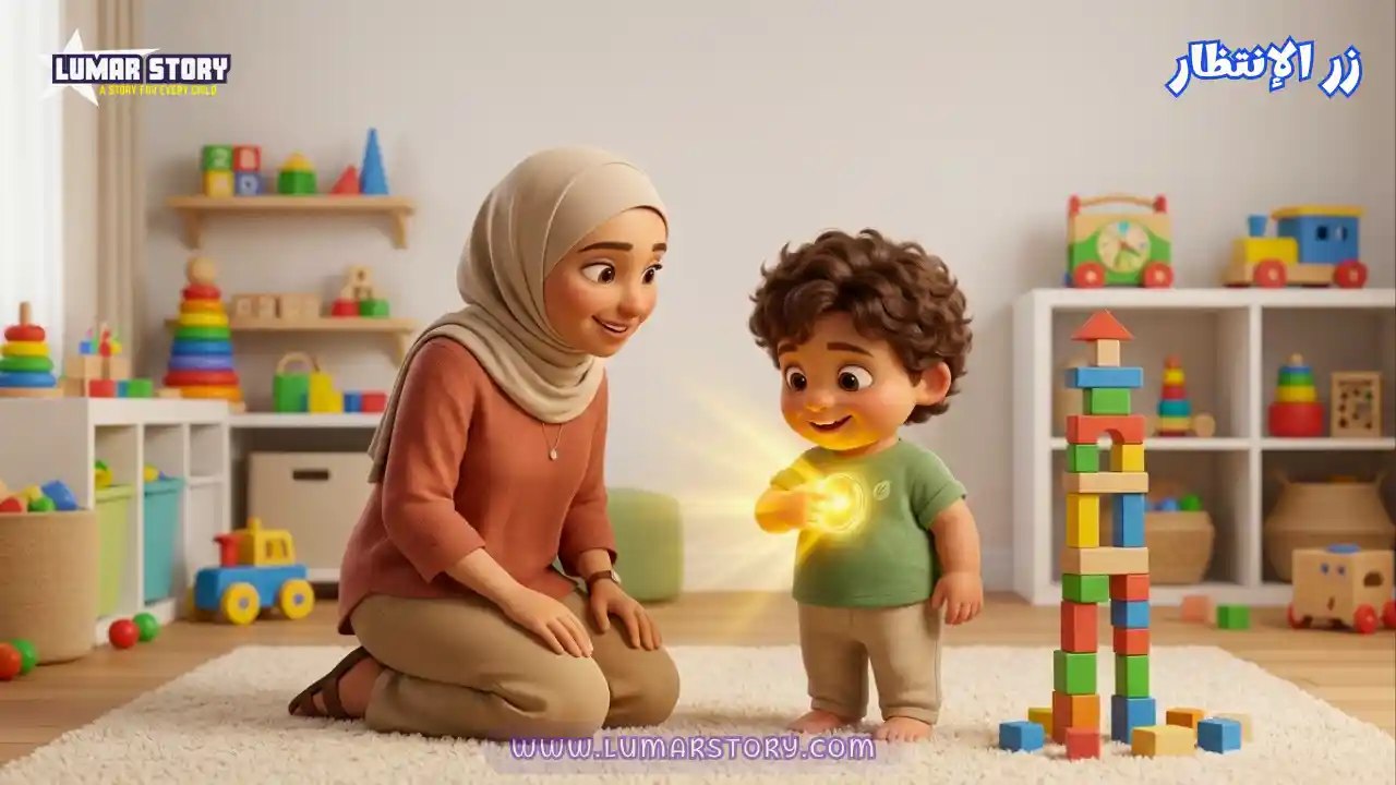 طفل صغير يبتسم ويضغط على زر زجاجي سحري يضيء باللون الذهبي على صدره، بينما تركع والدته بجانبه وتبتسم له بحنان في غرفة ألعاب مشرقة