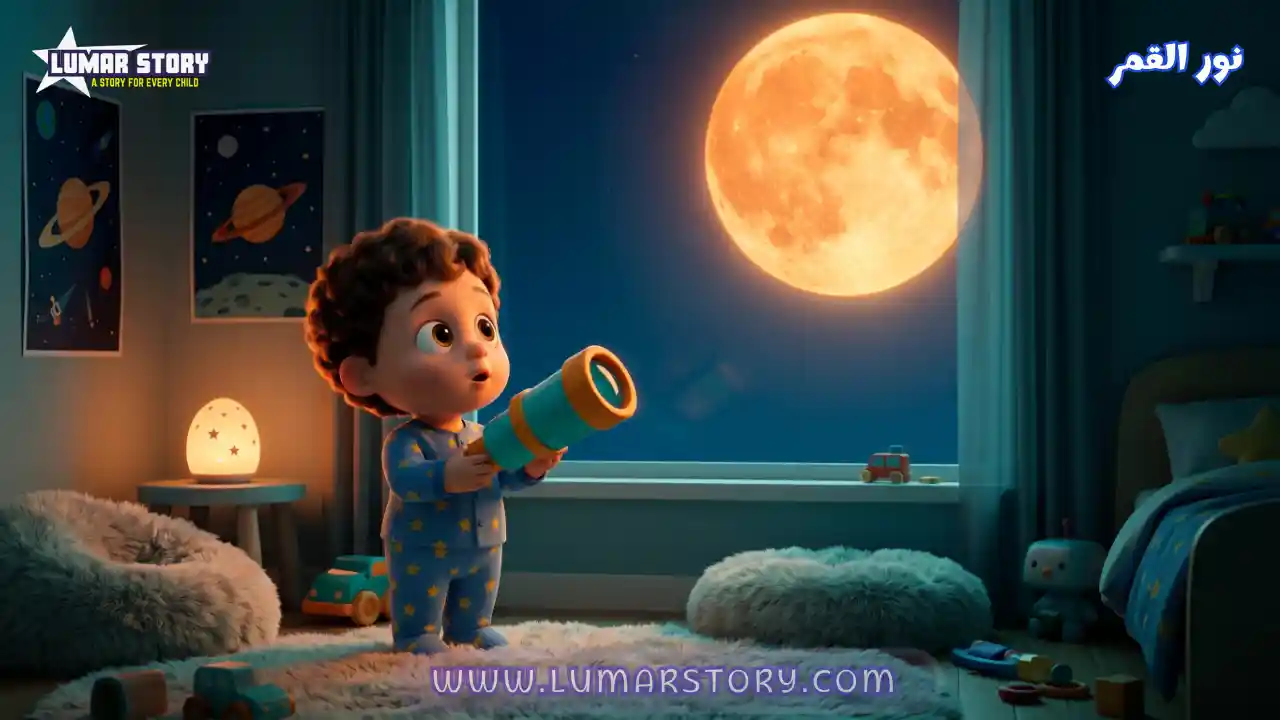 صورة غلاف قصة من أطفأ نور القمر للأطفال تظهر الطفل آدم يحمل منظاره وينظر إلى القمر العملاق من غرفته